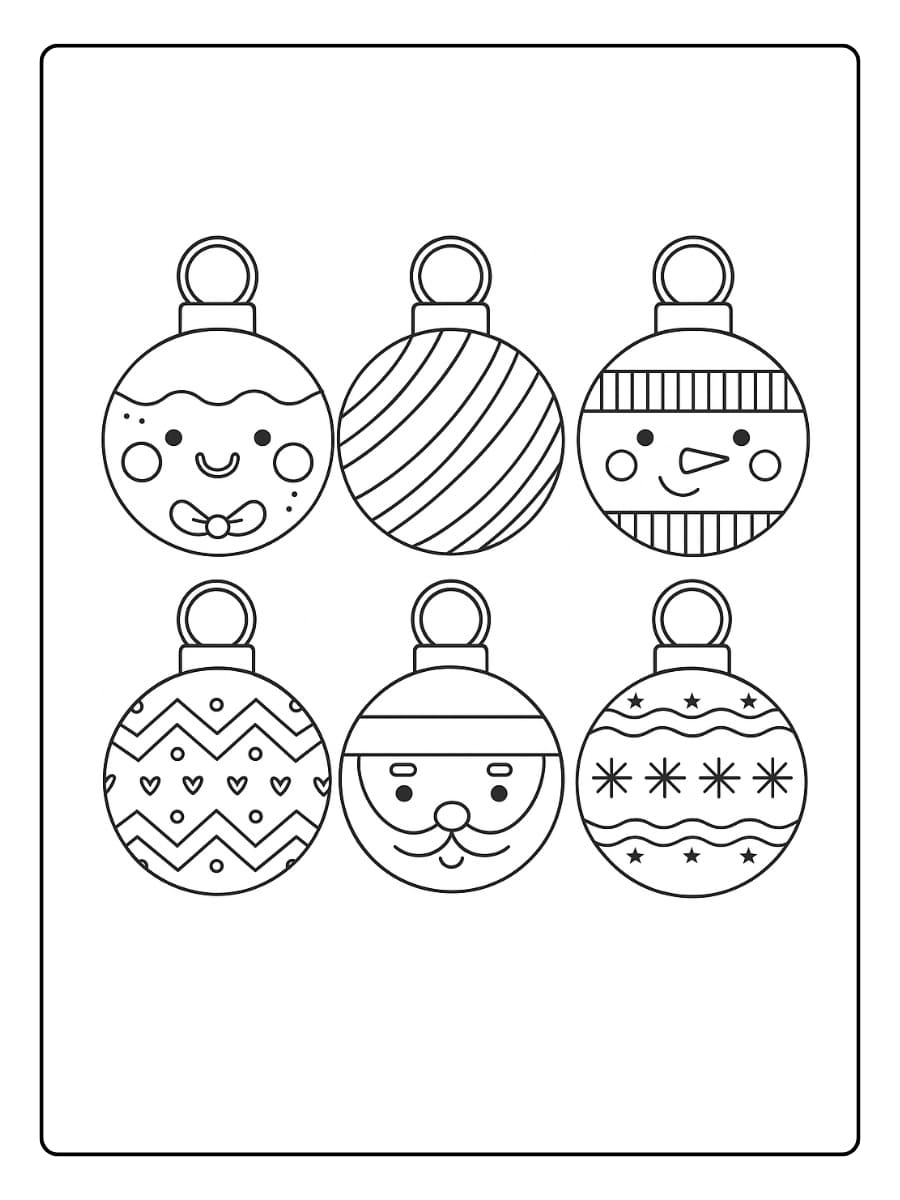 Kleurplaat kerstballen met verschillende patronen