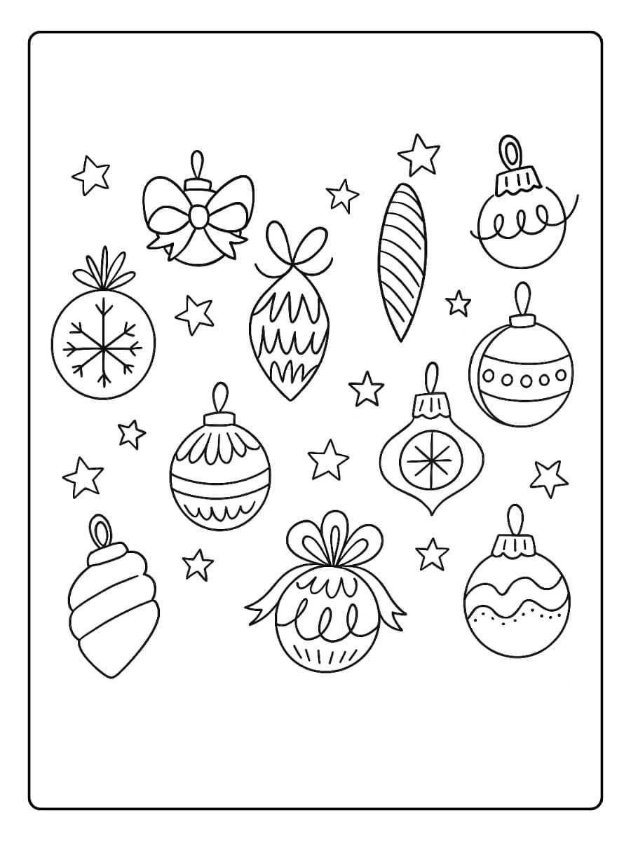 Kleurplaat kerstballen met vrolijke patronen