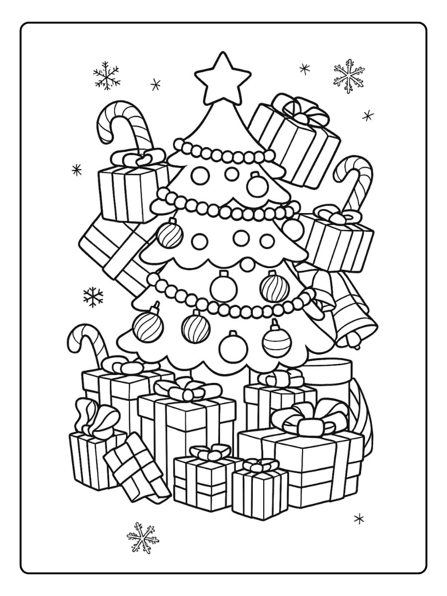 Kleurplaat kerstboom liggen feestelijk ingepakte pakjes