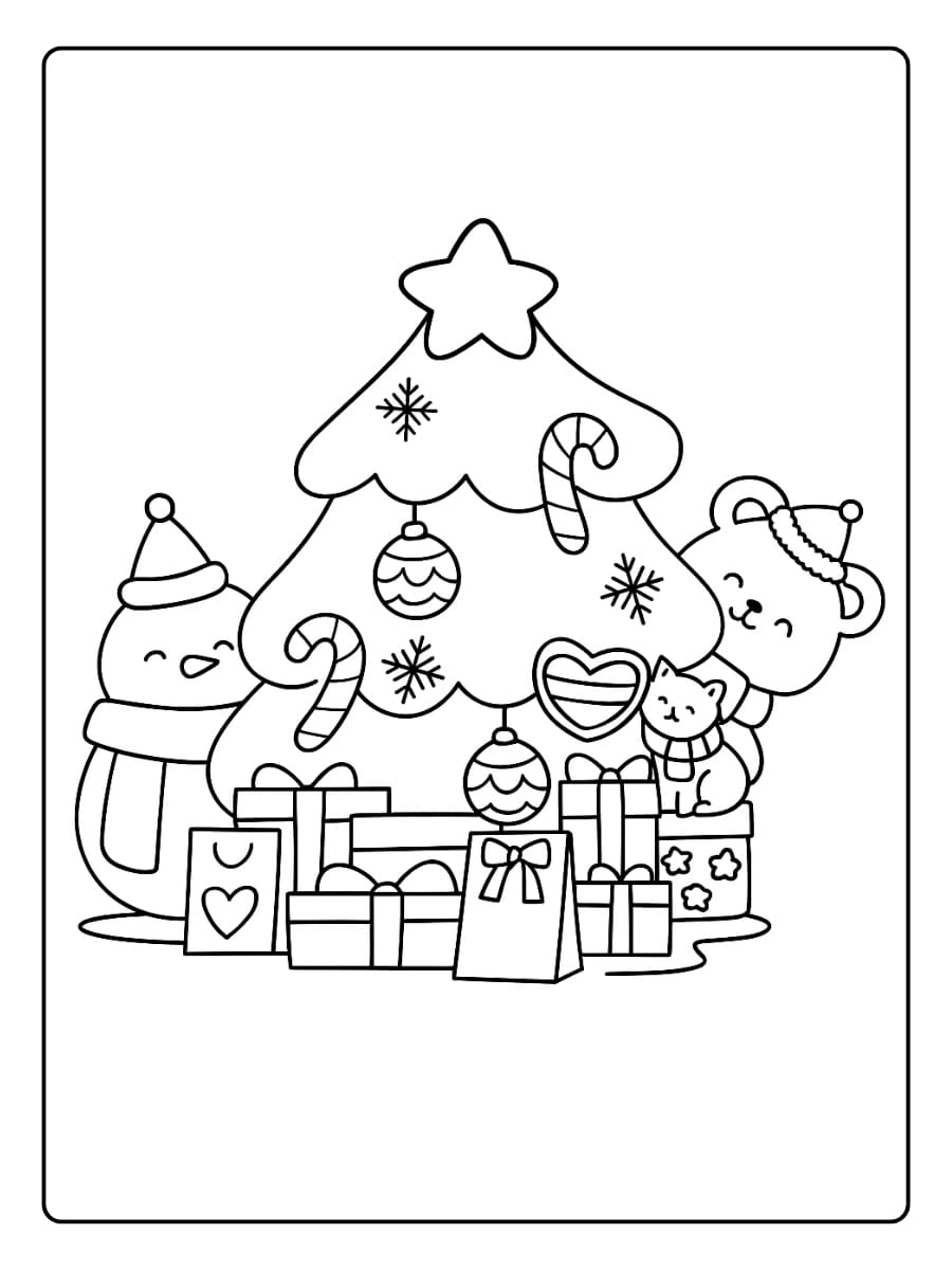 Kleurplaat kerstboom met cadeautjes eronder