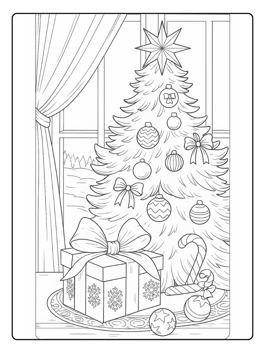 Kleurplaat kerstboom met cadeautjes staand bij het raam