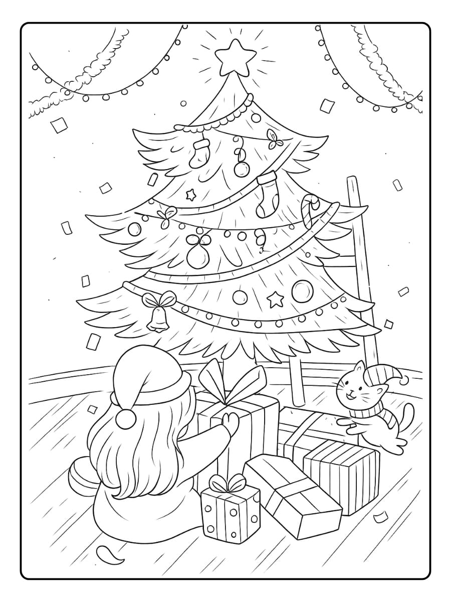 Kleurplaat kerstboom met pakjes en een kind erbij