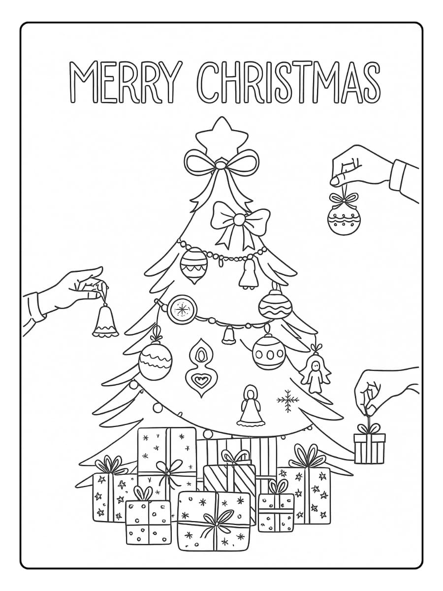 Kleurplaat kerstboom met pakjes eronder
