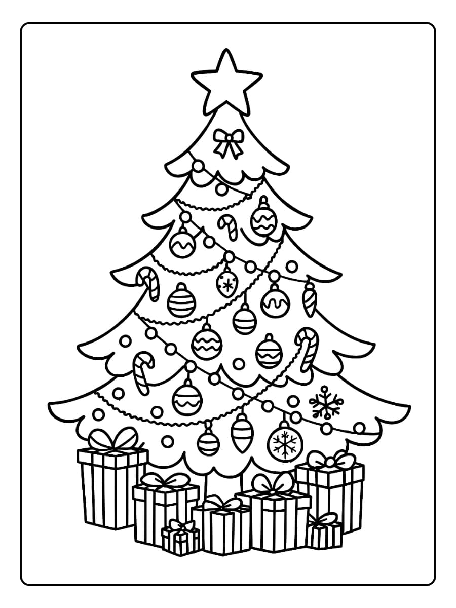 Kleurplaat kerstboom versierd met kleurrijke ballen en slingers