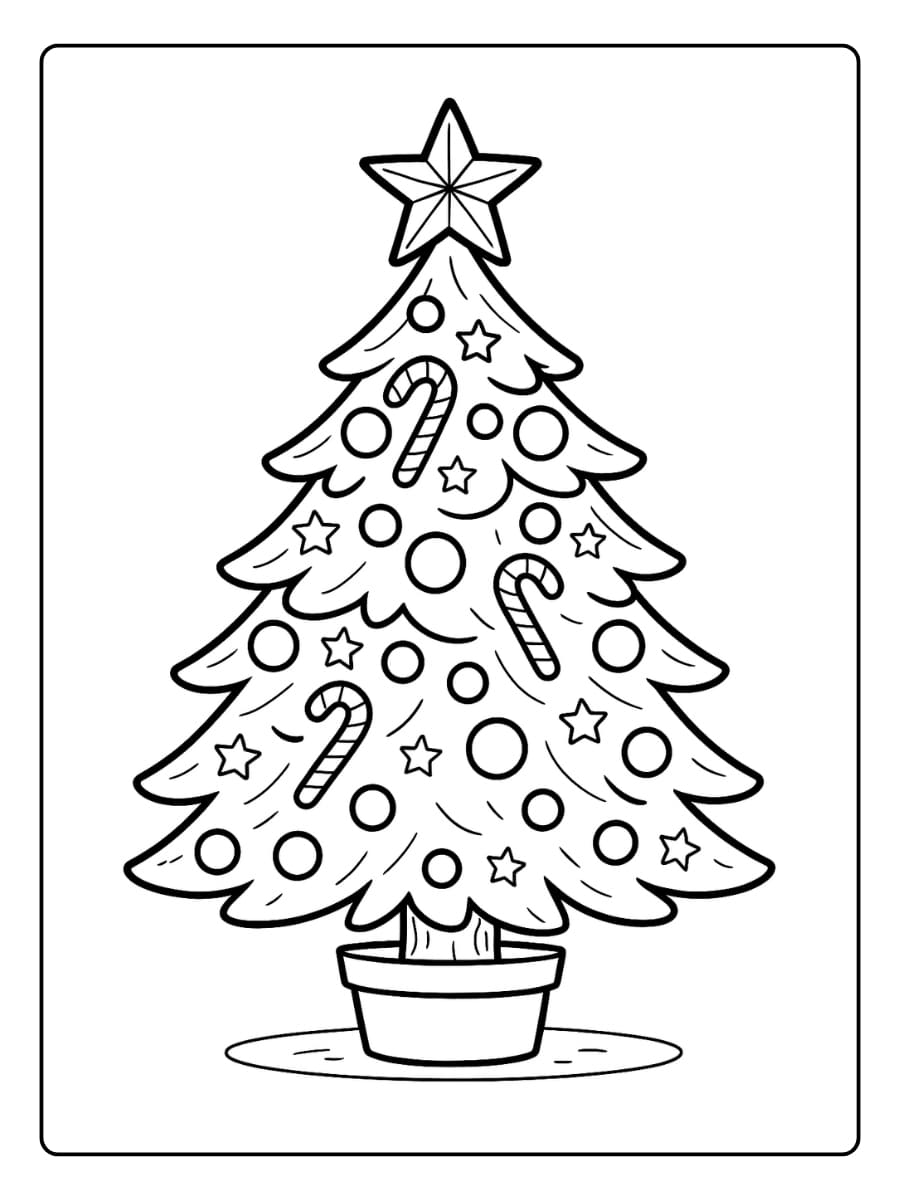 Kleurplaat kerstboom versierd met kleurrijke ballen