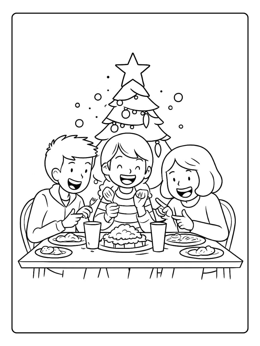 Kleurplaat kerstdiner met familie en een versierde kerstboom