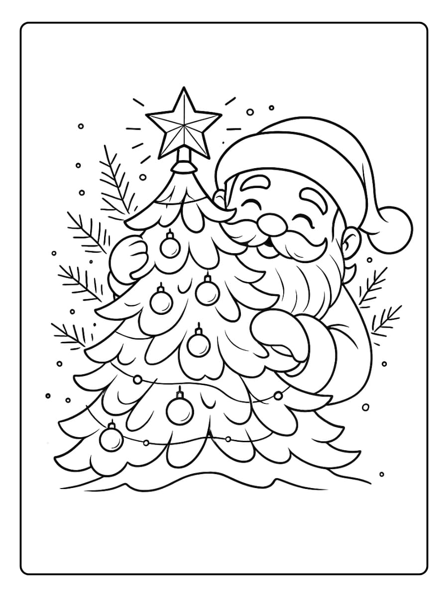 Kleurplaat kerstman omarmt een versierde kerstboom