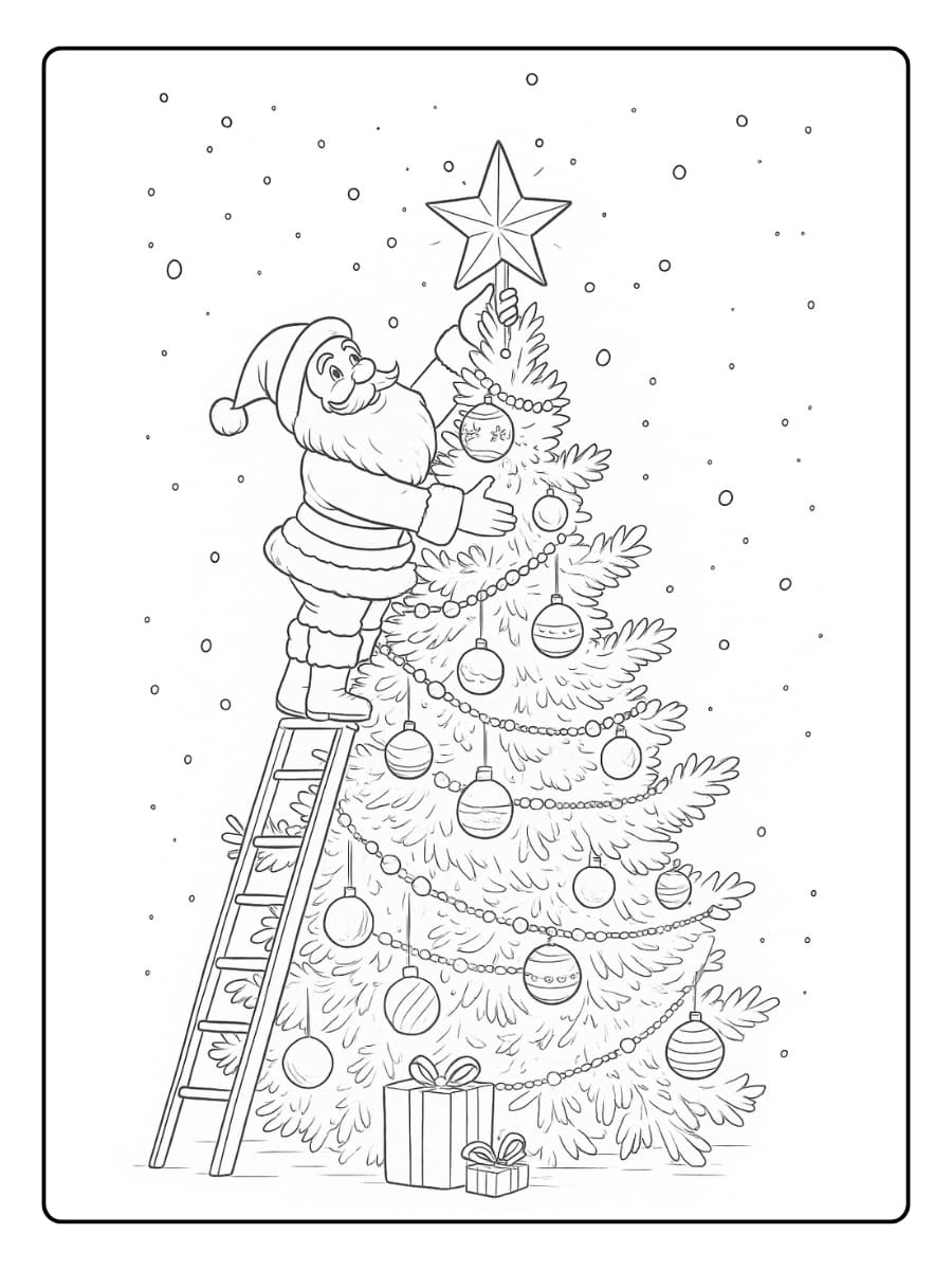 Kleurplaat kerstman plaatst een ster bovenop de kerstboom