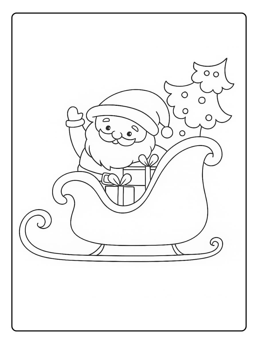 Kleurplaat kerstman rijdt met een slee vol cadeautjes naast de kerstboom