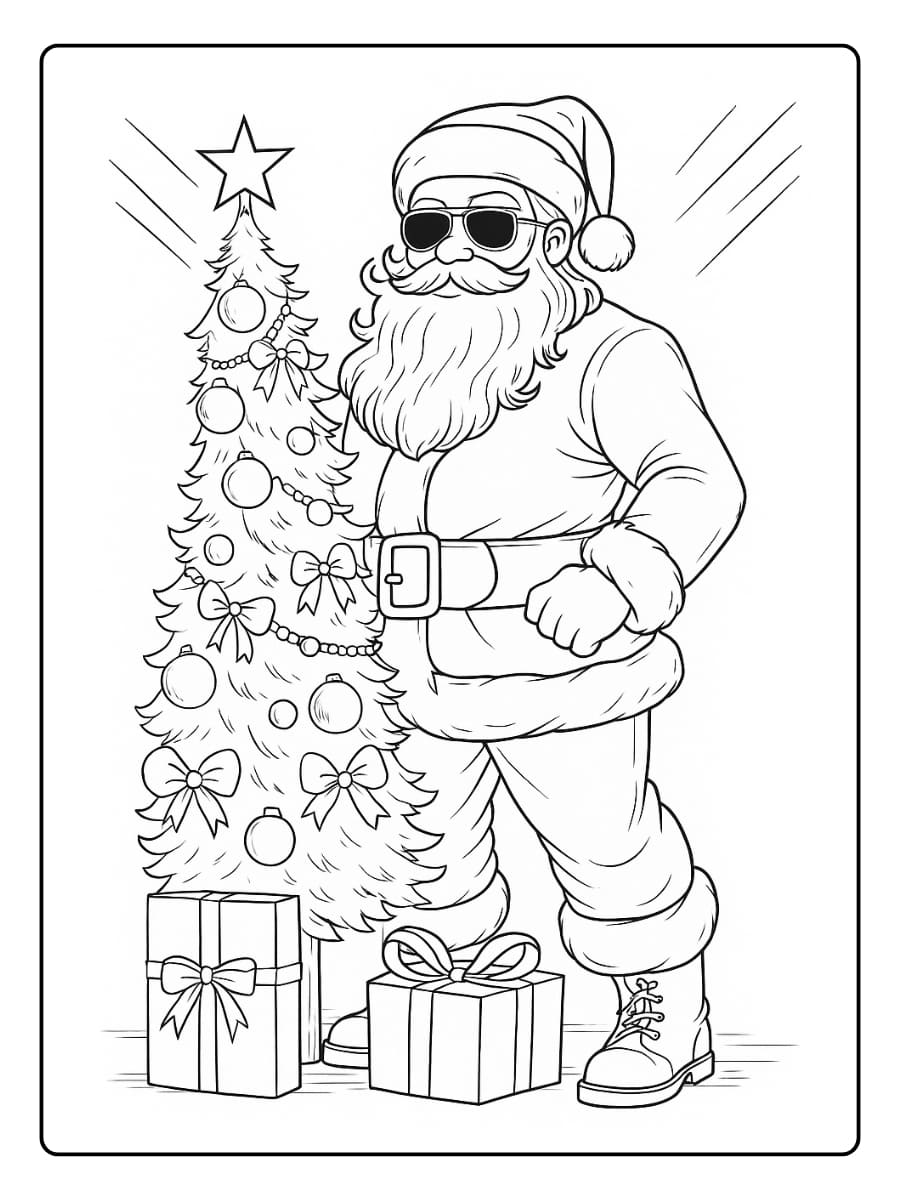 Kleurplaat kerstman staat naast een versierde kerstboom