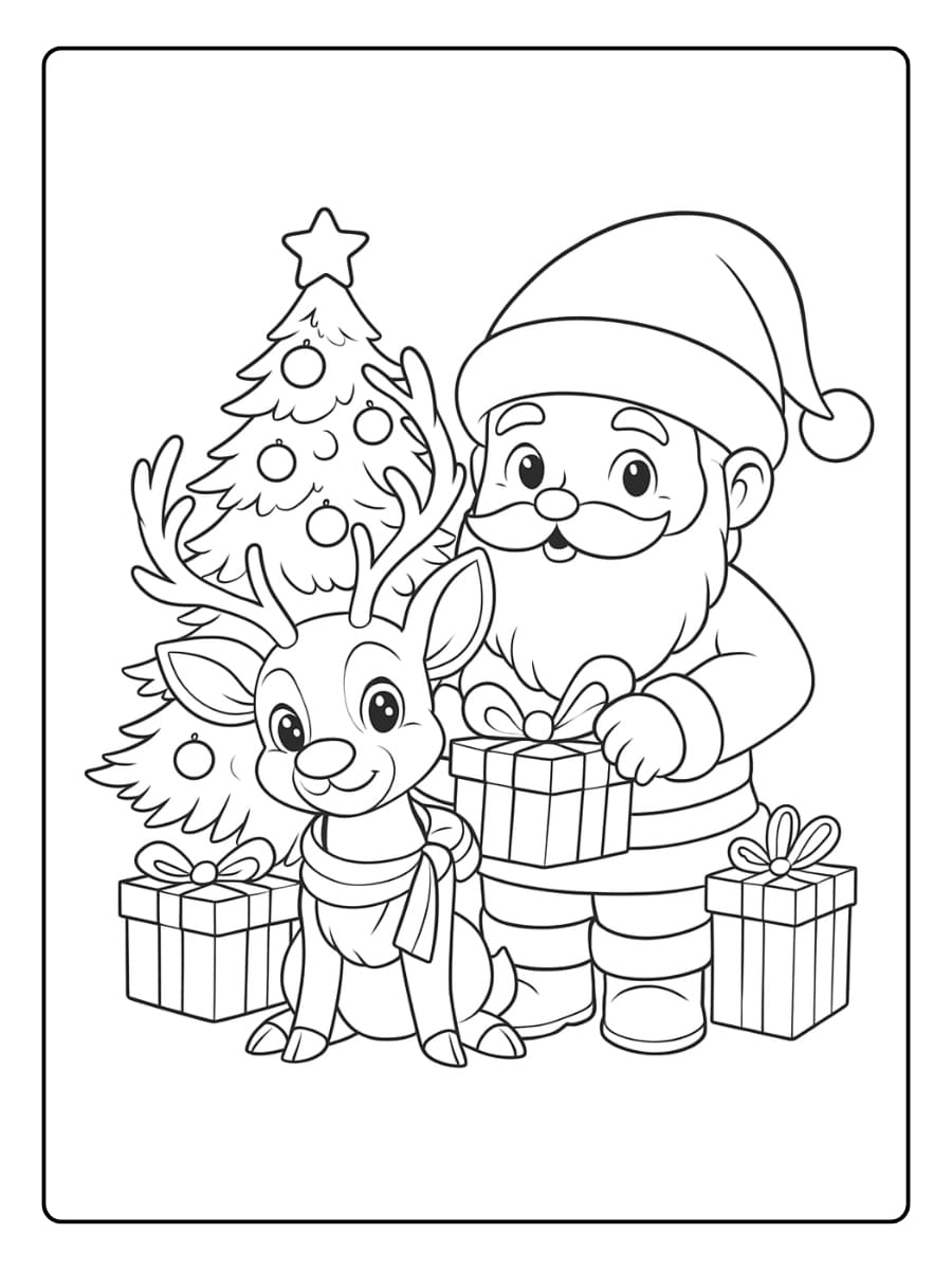 Kleurplaat kerstman staat vrolijk bij een kerstboom met cadeautjes