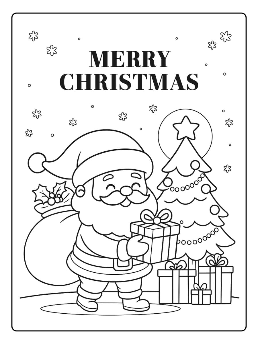 Kleurplaat kerstman staat vrolijk naast een versierde kerstboom