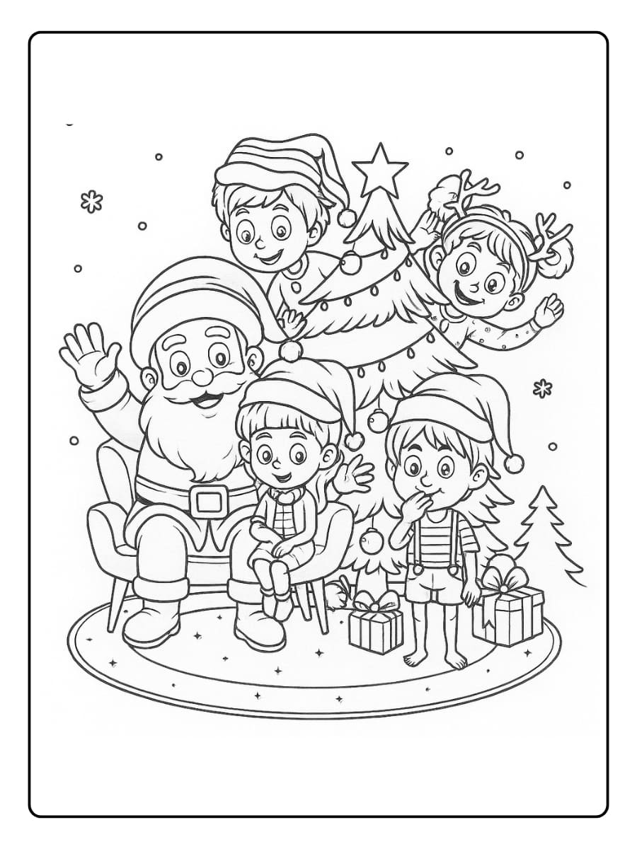 Kleurplaat kerstman zit met kinderen bij een versierde kerstboom