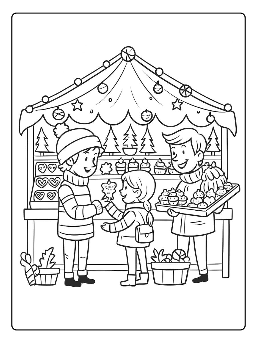 Kleurplaat kerstmarkt
