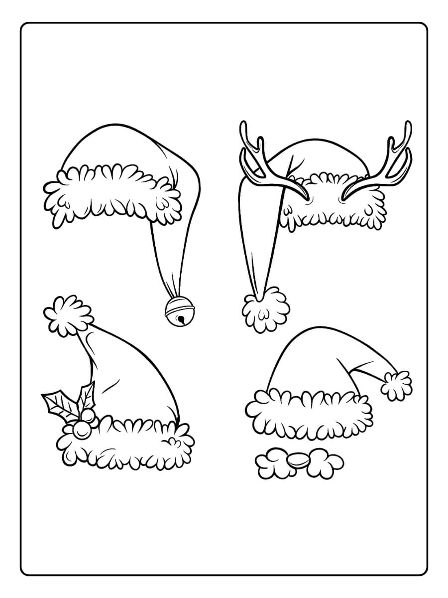 Kleurplaat kerstmuts met verschillende versieringen