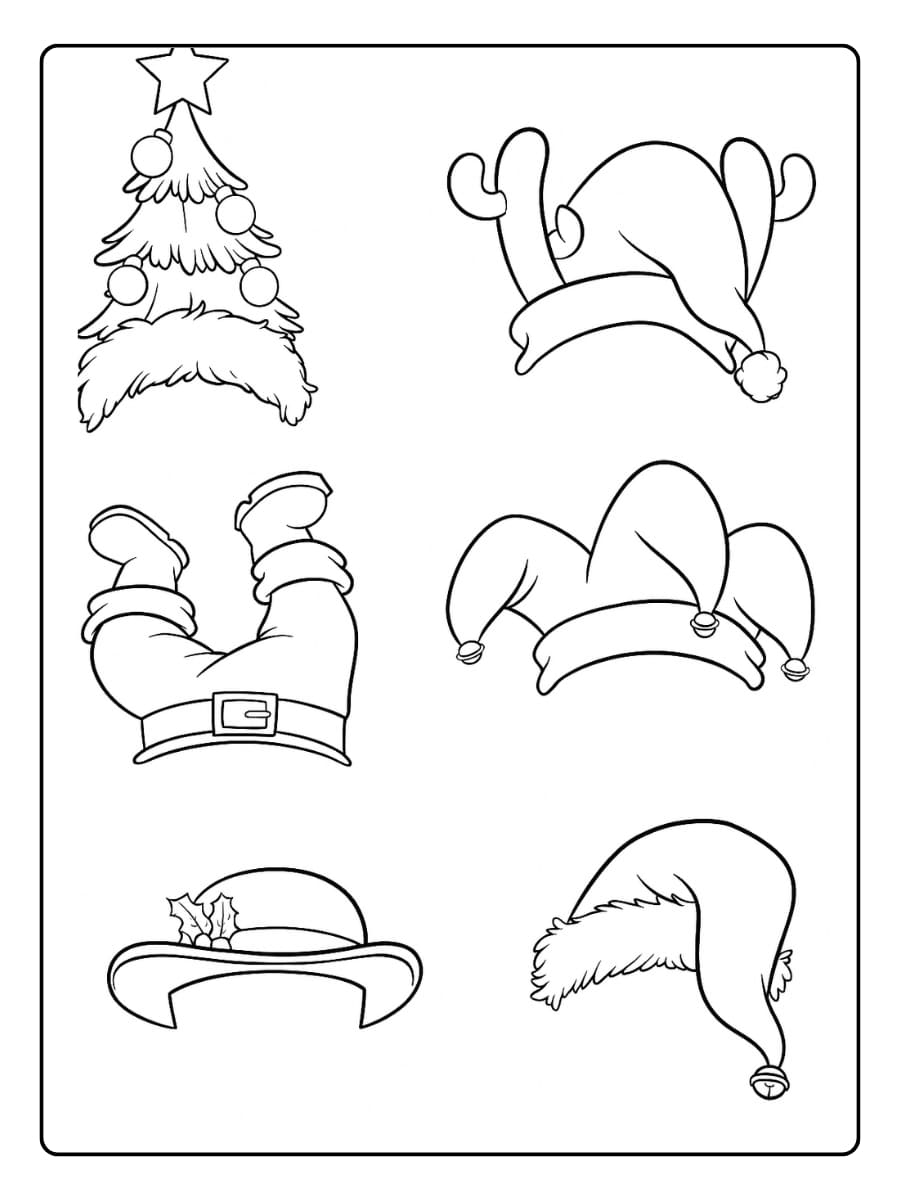 Kleurplaat kerstmutsen in verschillende grappige stijlen voor de feestdagen