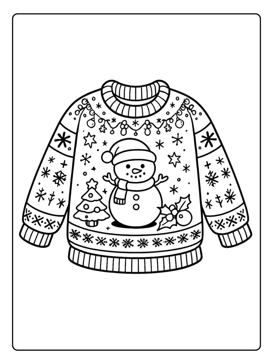 Kleurplaat kersttrui met een sneeuwpop en kerstversiering