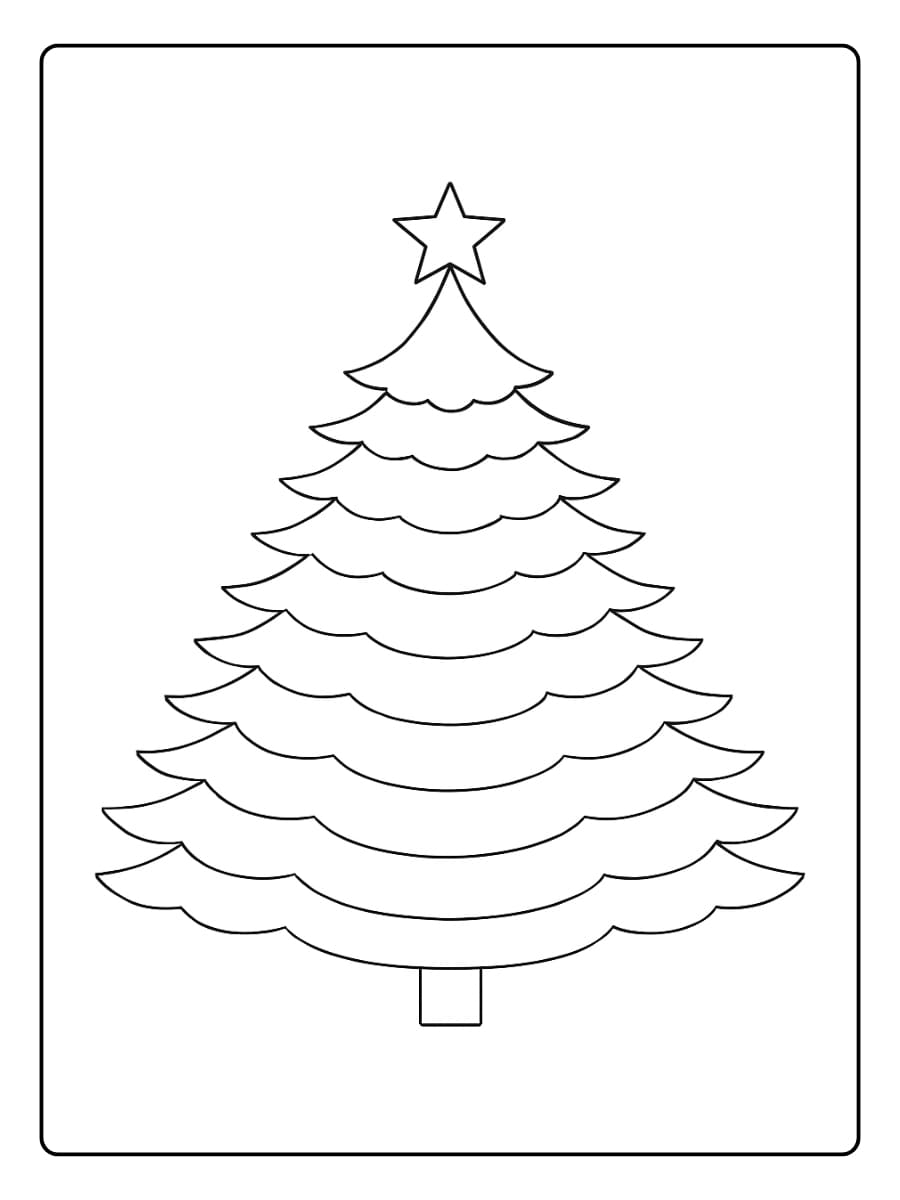 Kleurplaat lege kerstboom met een ster bovenop, zonder versiering