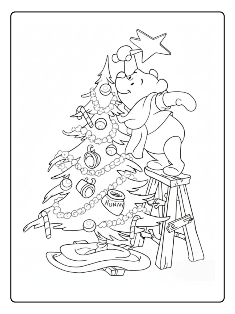 Kleurplaat lieve Winnie de Poeh versiert de kerstboom