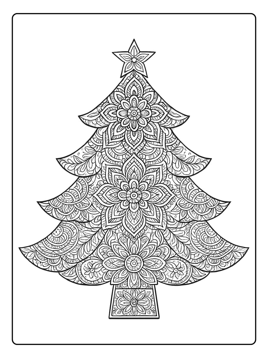 Kleurplaat mandala kerstboom voor volwassenen