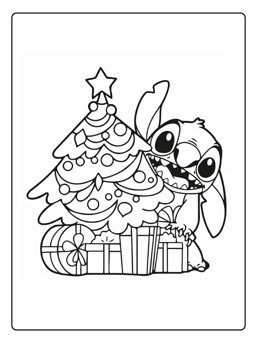 Kleurplaat ondeugende Stitch zit met cadeaus onder de kerstboom