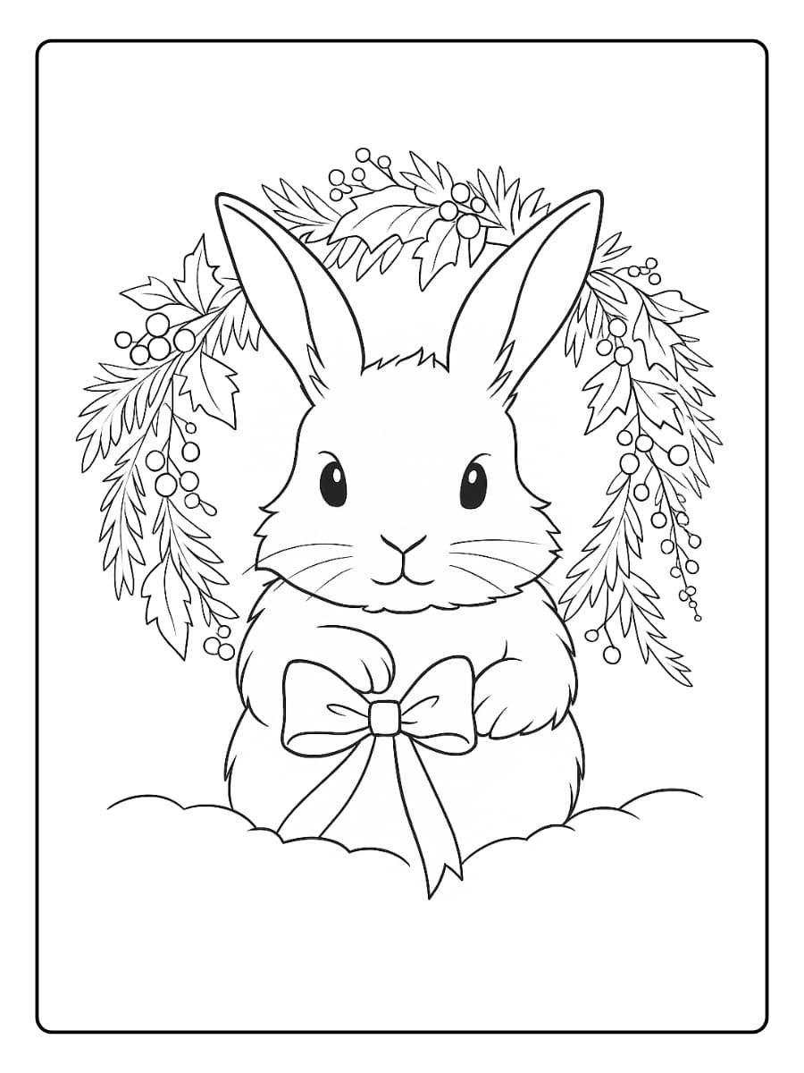 Kleurplaat schattig kerstkonijn met een strik en krans