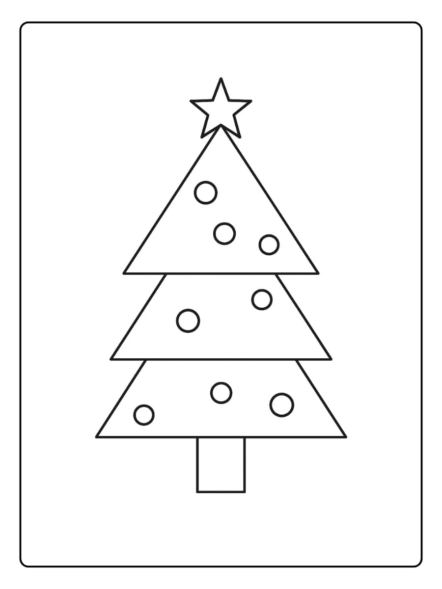 Kleurplaat simpele kerstboom met ster en kerstballen