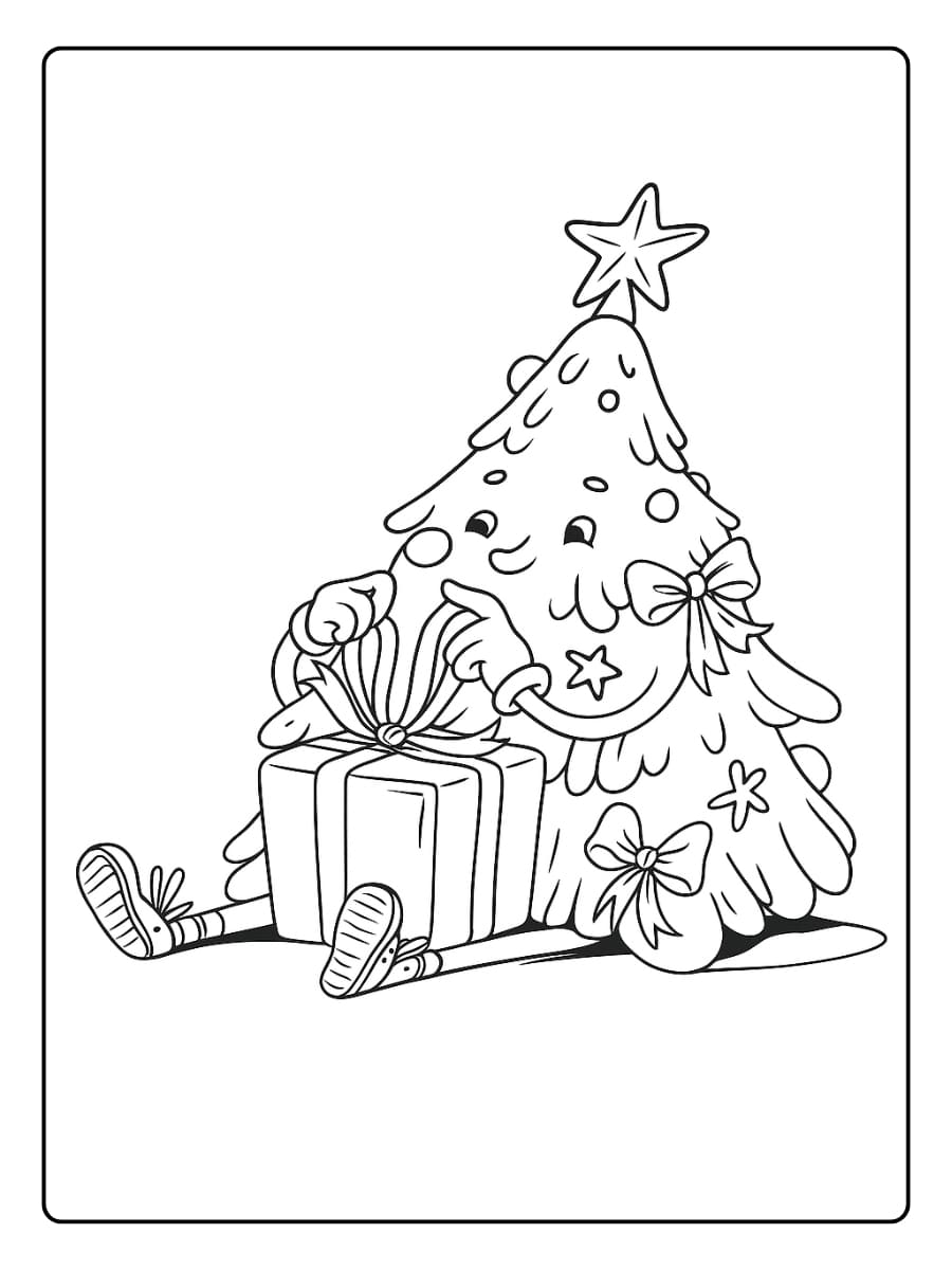 Kleurplaat vrolijke kerstboom met een cadeautje erbij