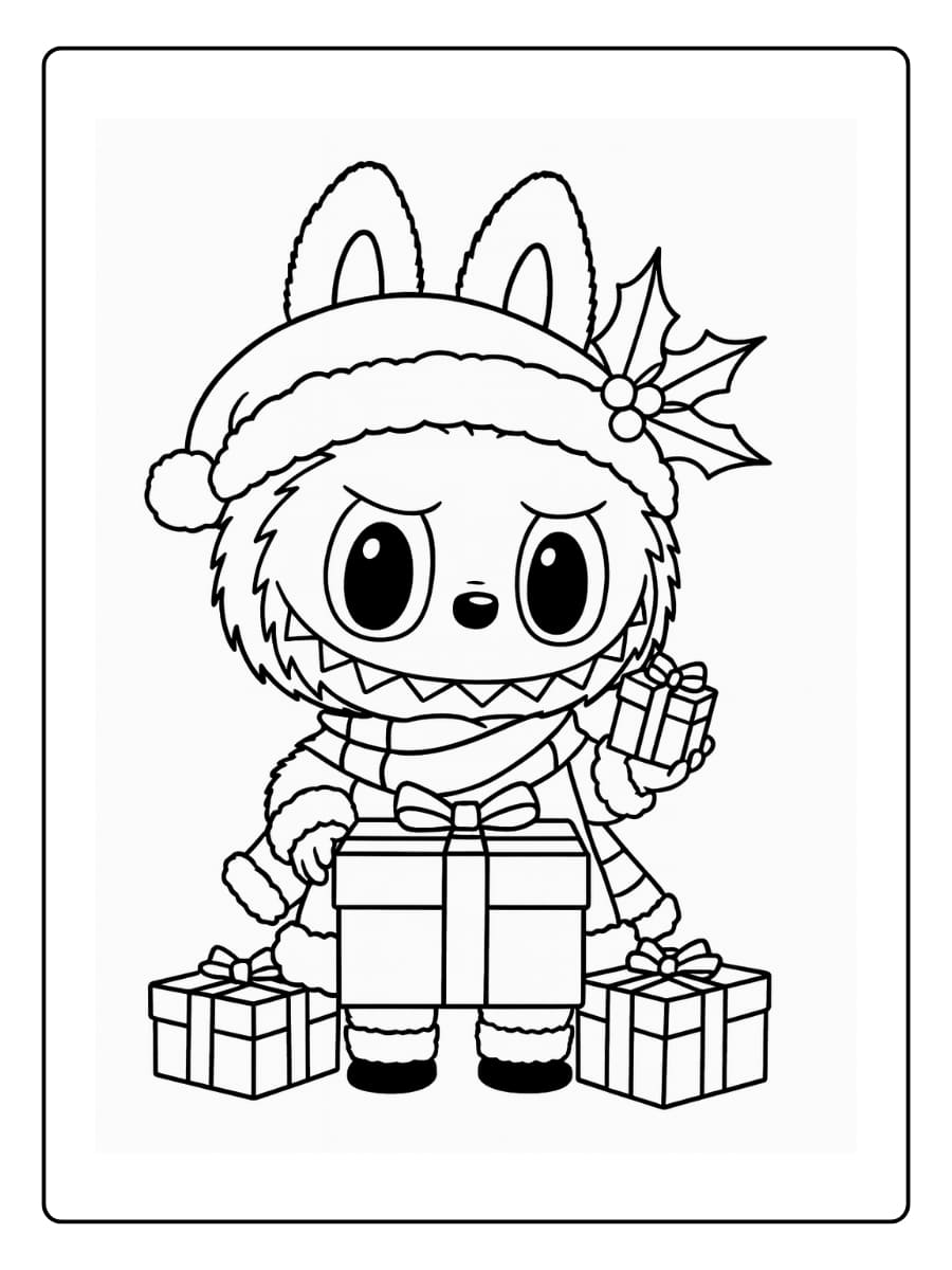 Labubu bij kerstmarkt kleurplaat