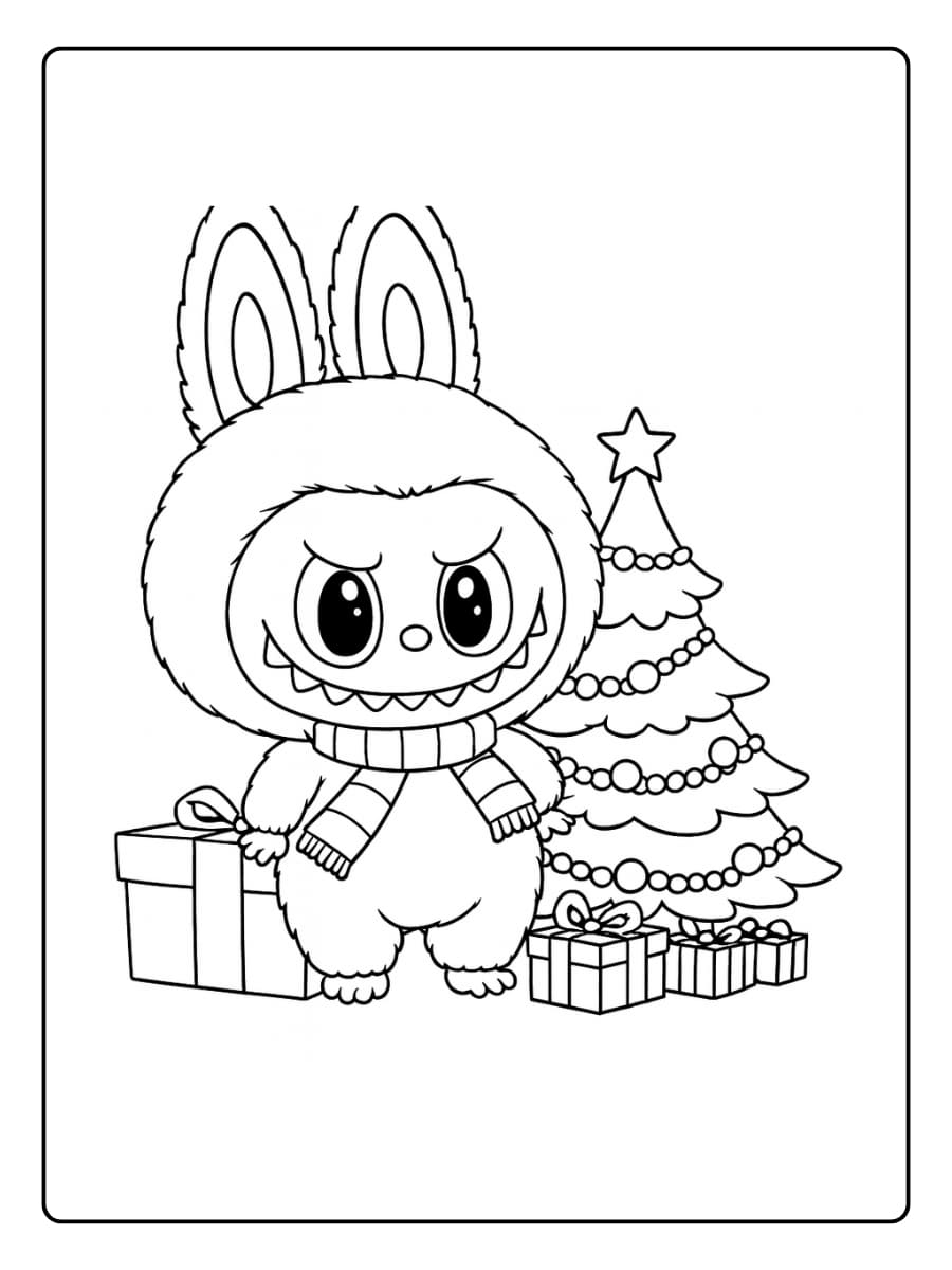 Labubu en de kerstman kleurplaat