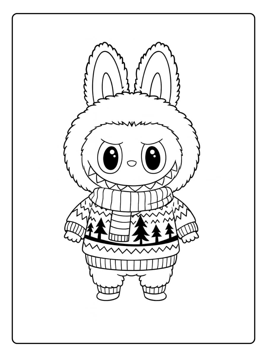 Labubu en kerstlichtjes kleurplaat