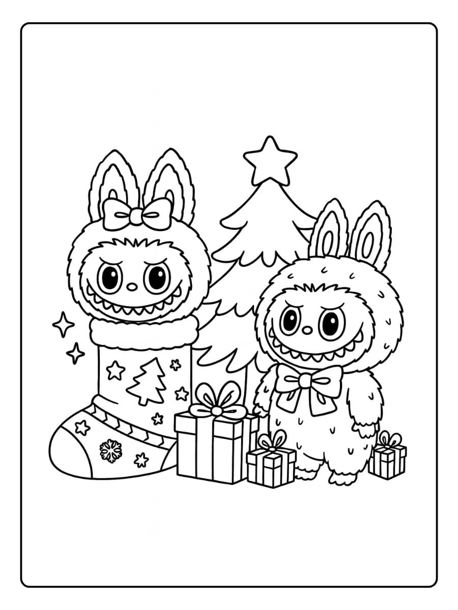 Labubu en sneeuwpop kleurplaat