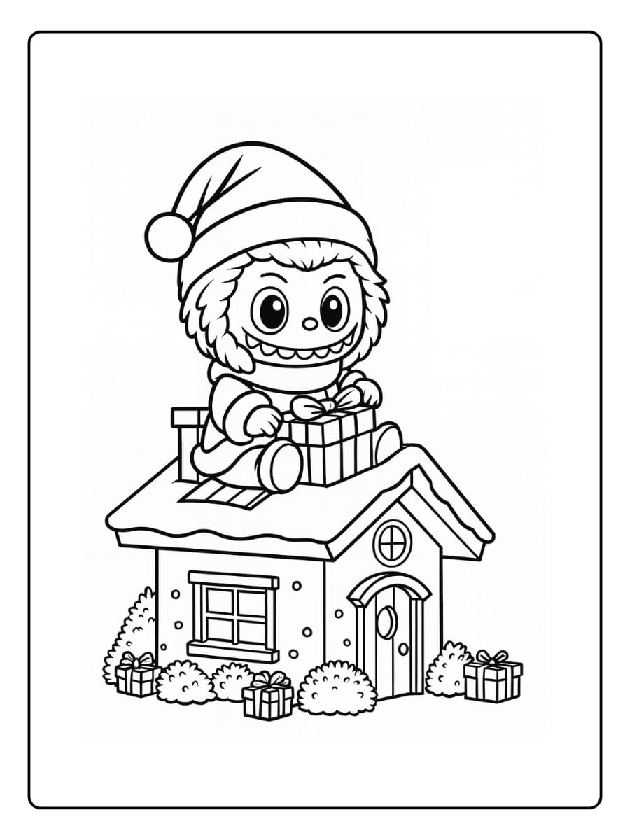 Labubu in een kerststal kleurplaat