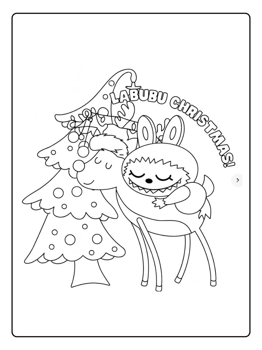 Labubu kerst kleurplaat met kerstboom