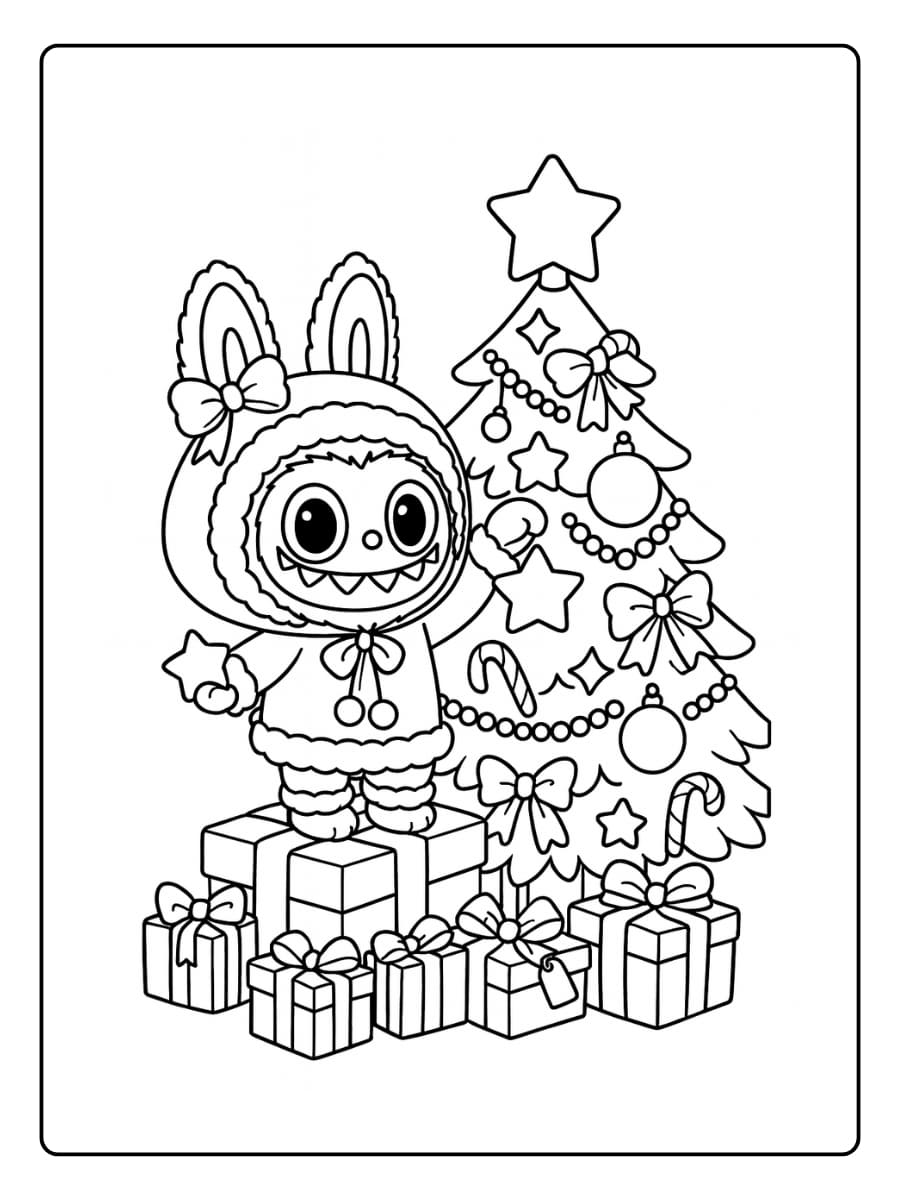 Labubu met candy cane kleurplaat