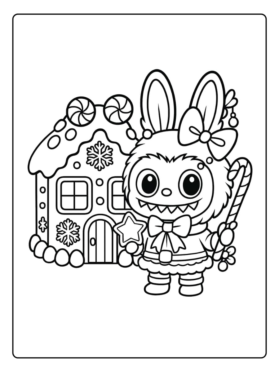 Labubu met kerstmuts kleurplaat