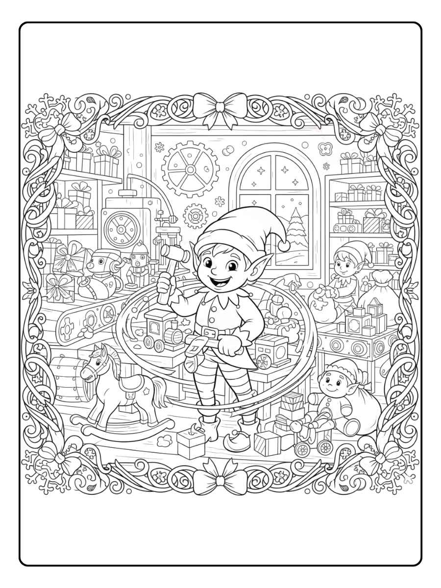 kerst elfje kleurplaat in de werkplaats van de kerstman