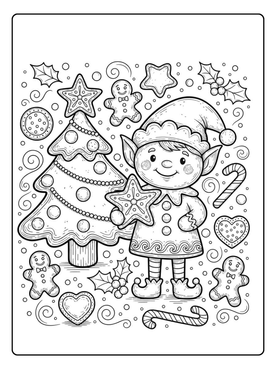 kerst elfje kleurplaat met kerstboom