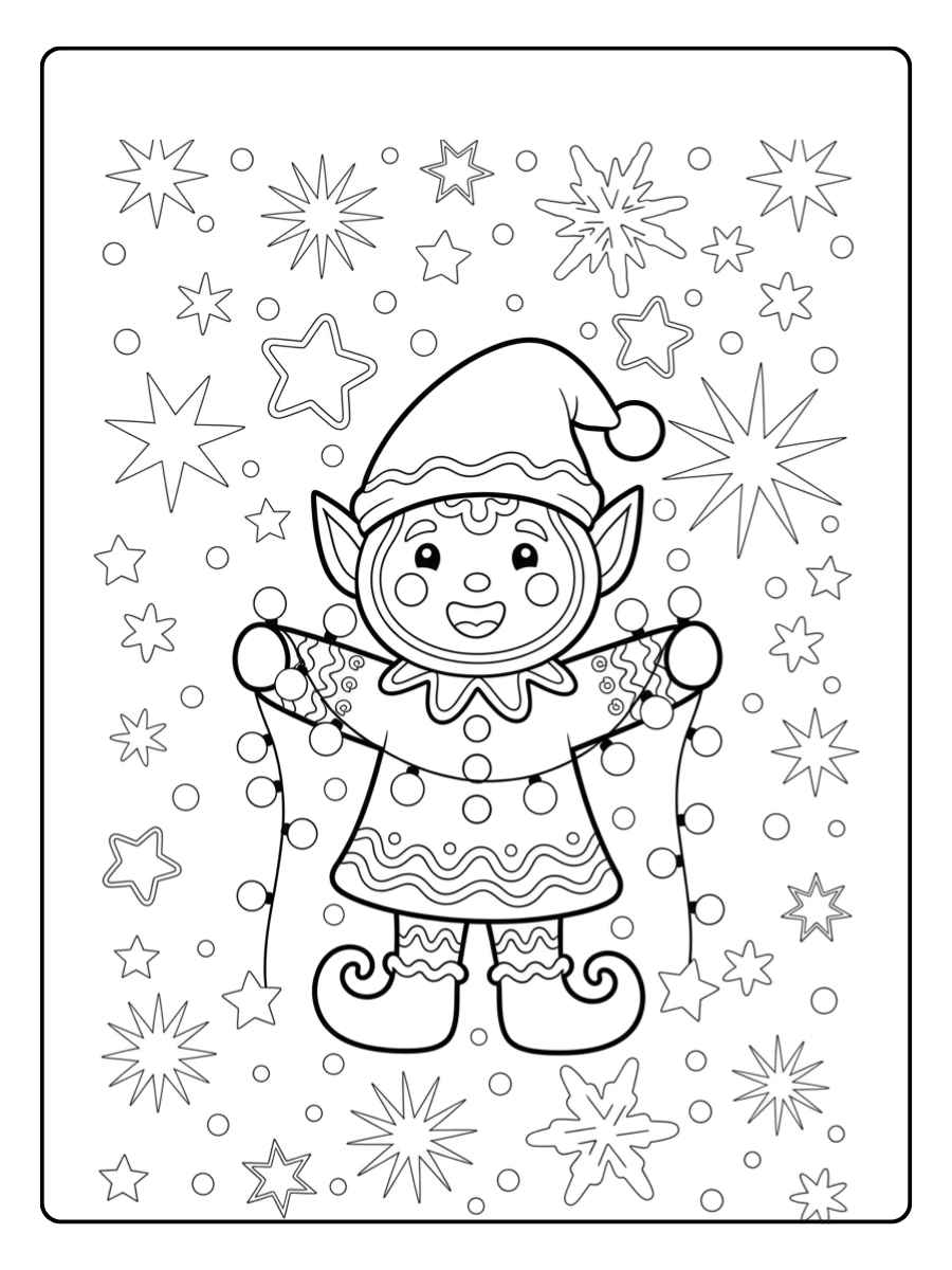 kerst elfje kleurplaat met lichtjes en sterren