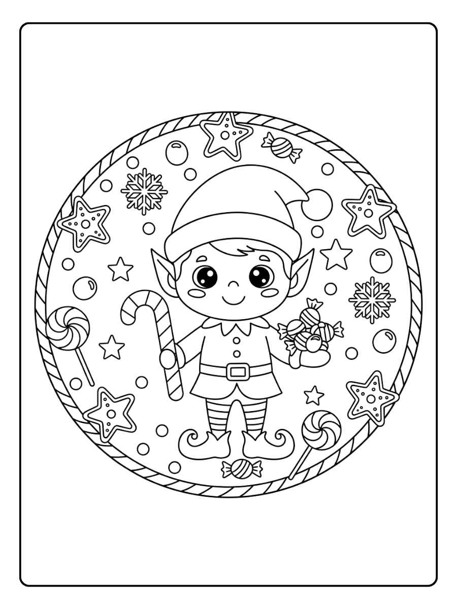 kerst elfje kleurplaat met snoepjes en zuurstokken