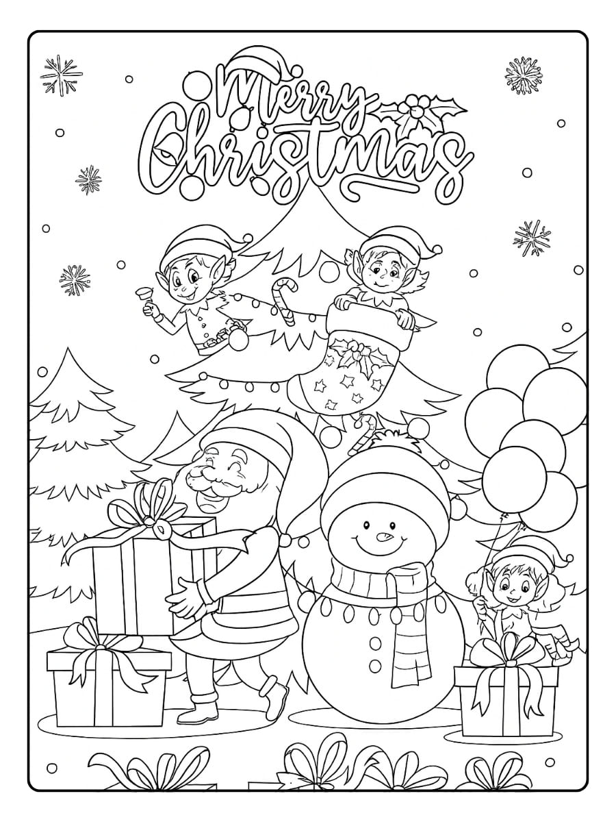 kerst kleurplaten merry christmas met de kerstman, elfjes en een sneeuwman vol cadeautjes