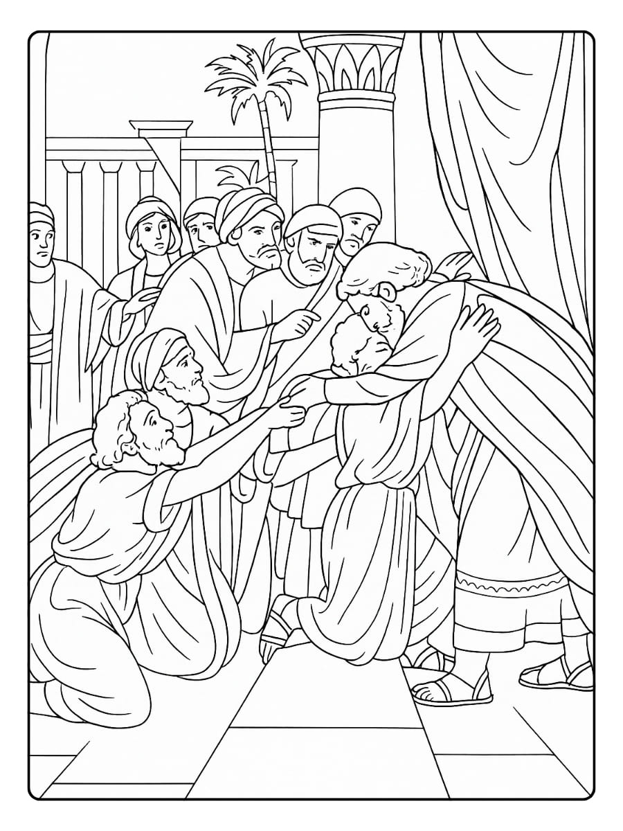 kleurplaat jozef en zijn broers vergeeft en omhelst in Egypte
