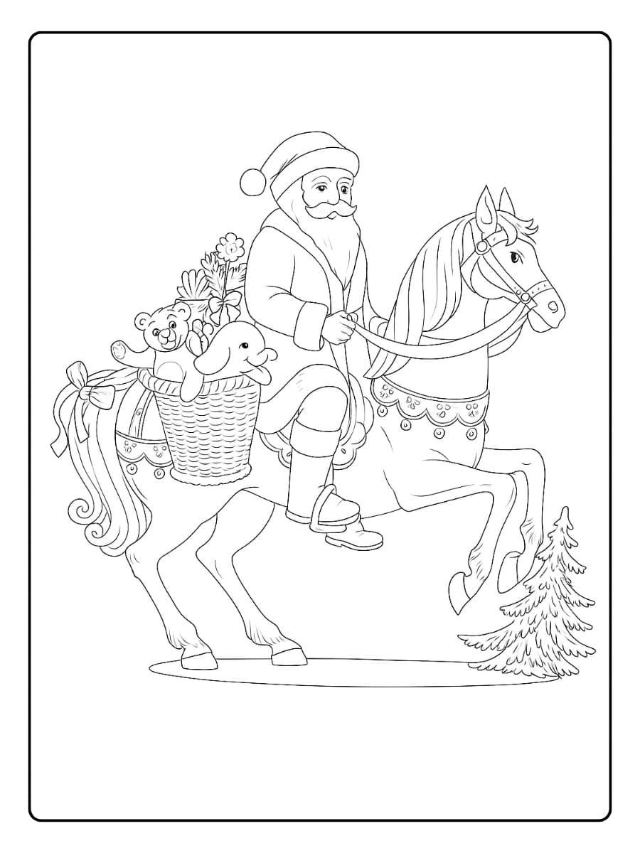 kleurplaat kerst paard en kerstman