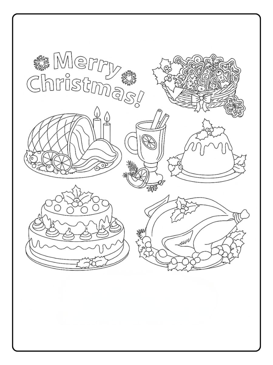 kleurplaat kerstdiner met heerlijk eten en drankjes