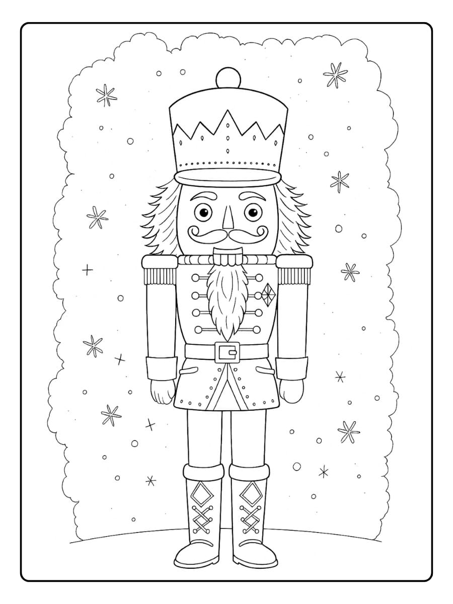 kleurplaat notenkraker in traditionele uniform staat rechtop in een winterse achtergrond