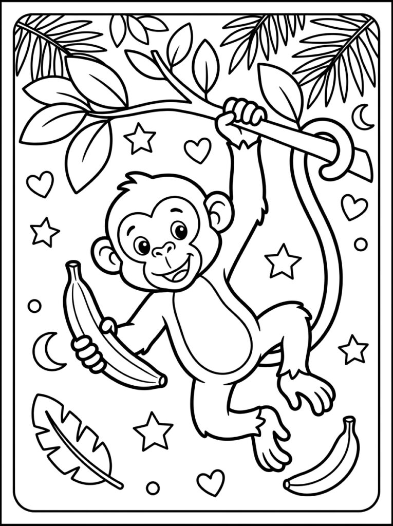 Aap hangt aan tak met banaan in hand