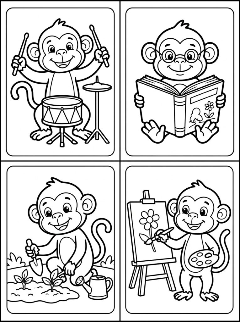 Aap speelt drums leest boek tuiniert en schildert