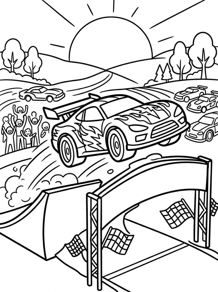 Raceauto met vlammen springt over baan met publiek