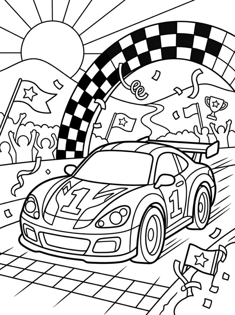 Raceauto met nummer één onder finishboog met vlaggen