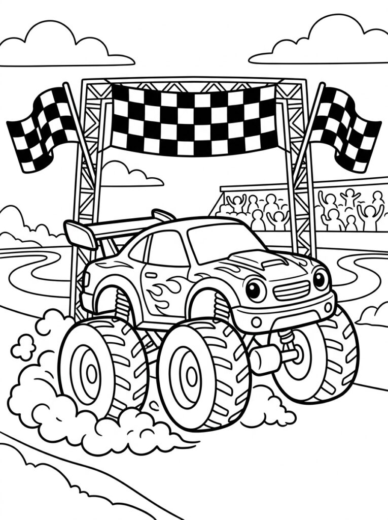 Monstertruck met grote wielen onder finishbanier